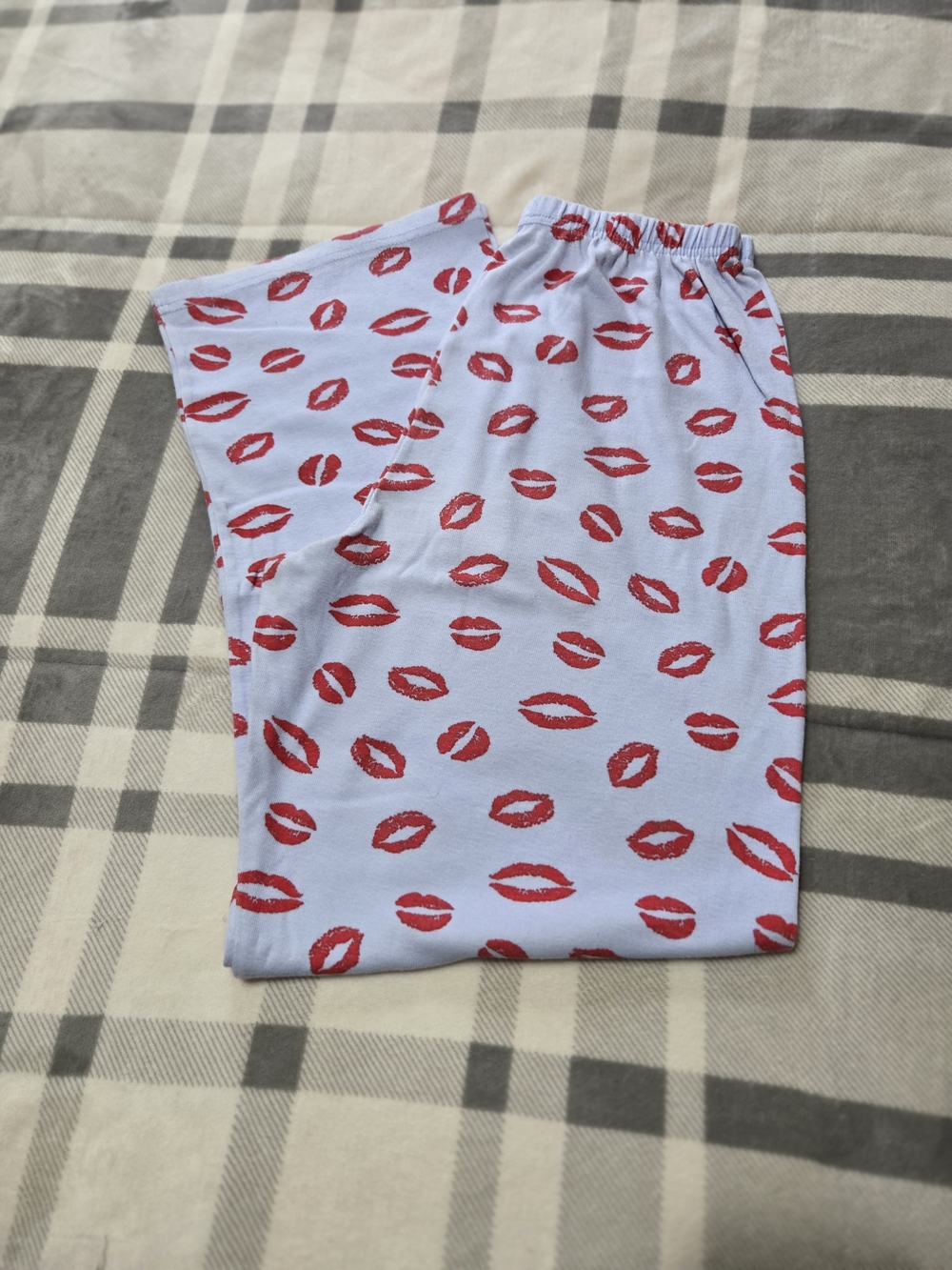 Women's Light Blue Pajama Pants with Red Lip Print